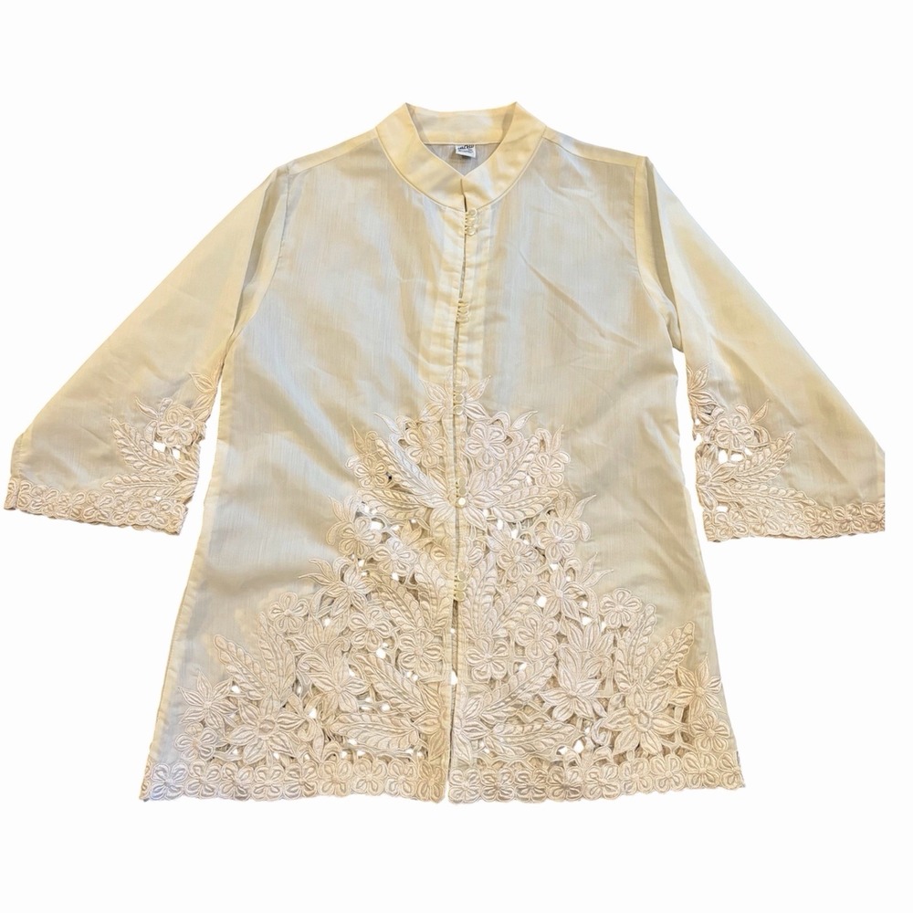 Vintage Ivory Floral Cutout Embroidered Blouse PearlIzed Buttons Women's Size M